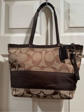 Coach Signature Jacquard Canvas Stripe Tote Bag Brown 13x9 Everyday Goldlocks